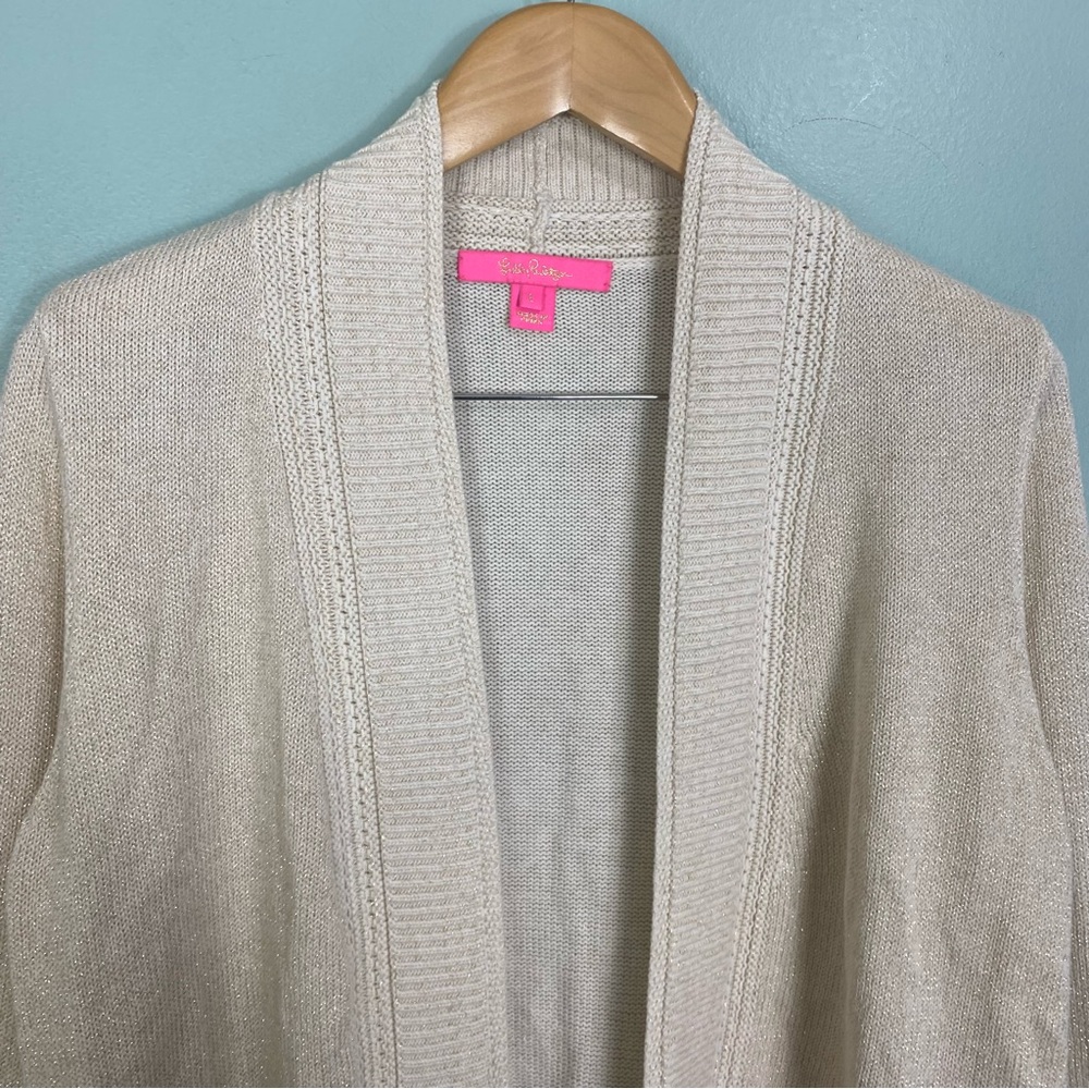 Lilly Pulitzer Ashwood Cardigan Cream Gold Tassel Open Front Sz Large - Picture 2 of 6